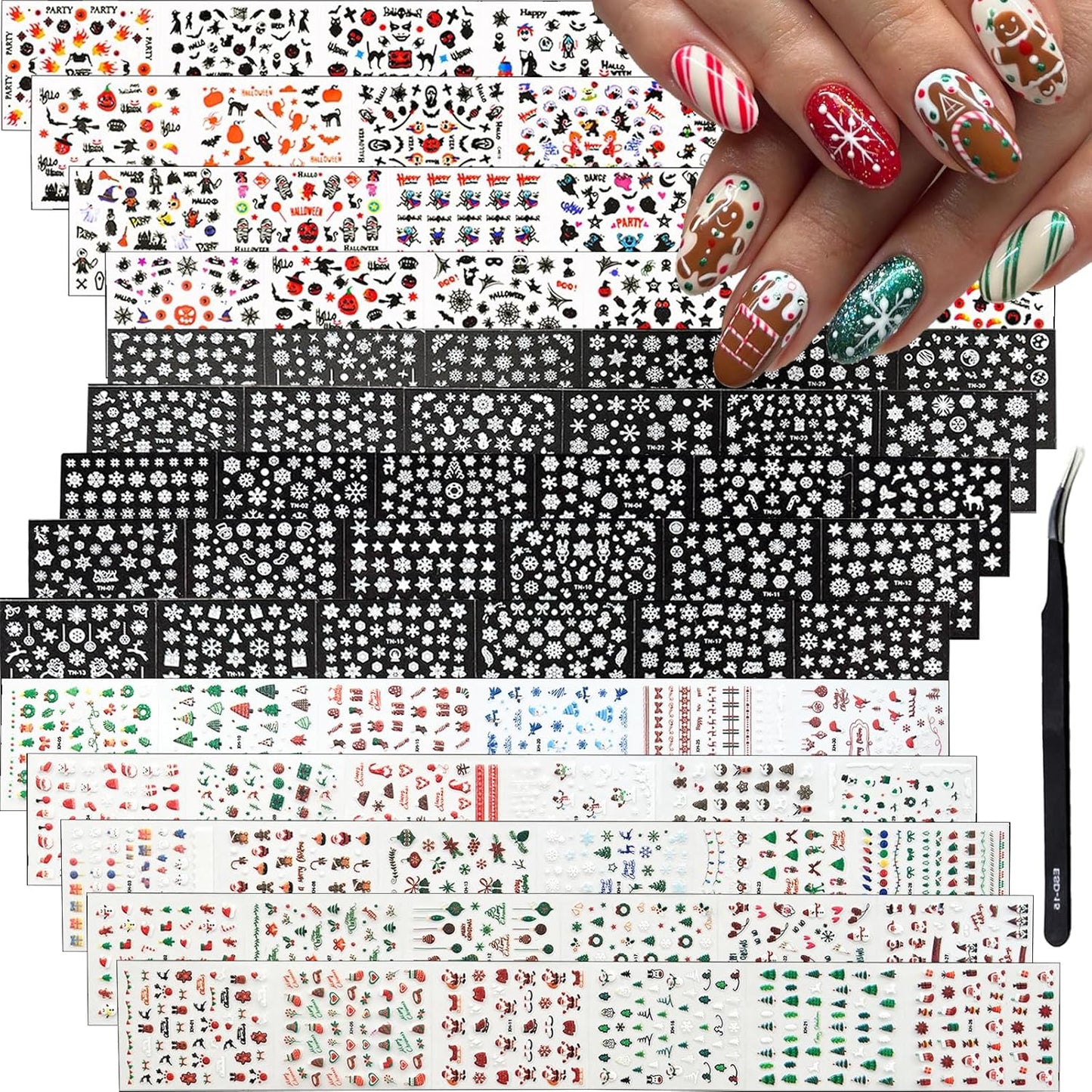90 Sheets Holiday Nail Art Stickers Halloween Christmas Snowflake Nail Decals 3D Self-Adhesive Cute Pumpkin Ghost Snowman Santa Claus Nail Stickers for Women Girls Nail DIY Manicure Party Decoration