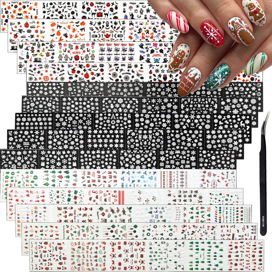 90 Sheets Holiday Nail Art Stickers Halloween Christmas Snowflake Nail Decals 3D Self-Adhesive Cute Pumpkin Ghost Snowman Santa Claus Nail Stickers for Women Girls Nail DIY Manicure Party Decoration