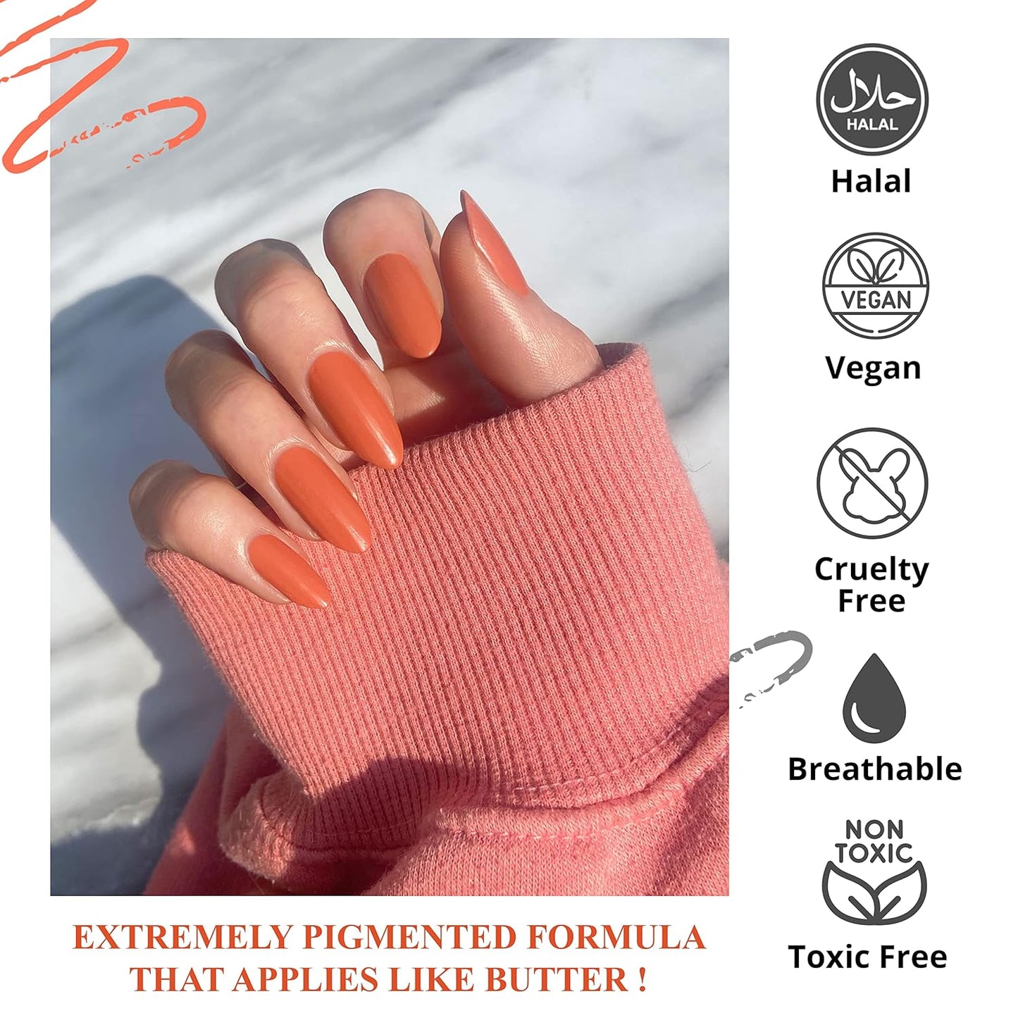 VIVRE Cosmetics Quick Dry Shiny Halal Nail Polish - Vegan, Non Toxic, Long Lasting, Breathable & Water Permeable - Orange You Late?