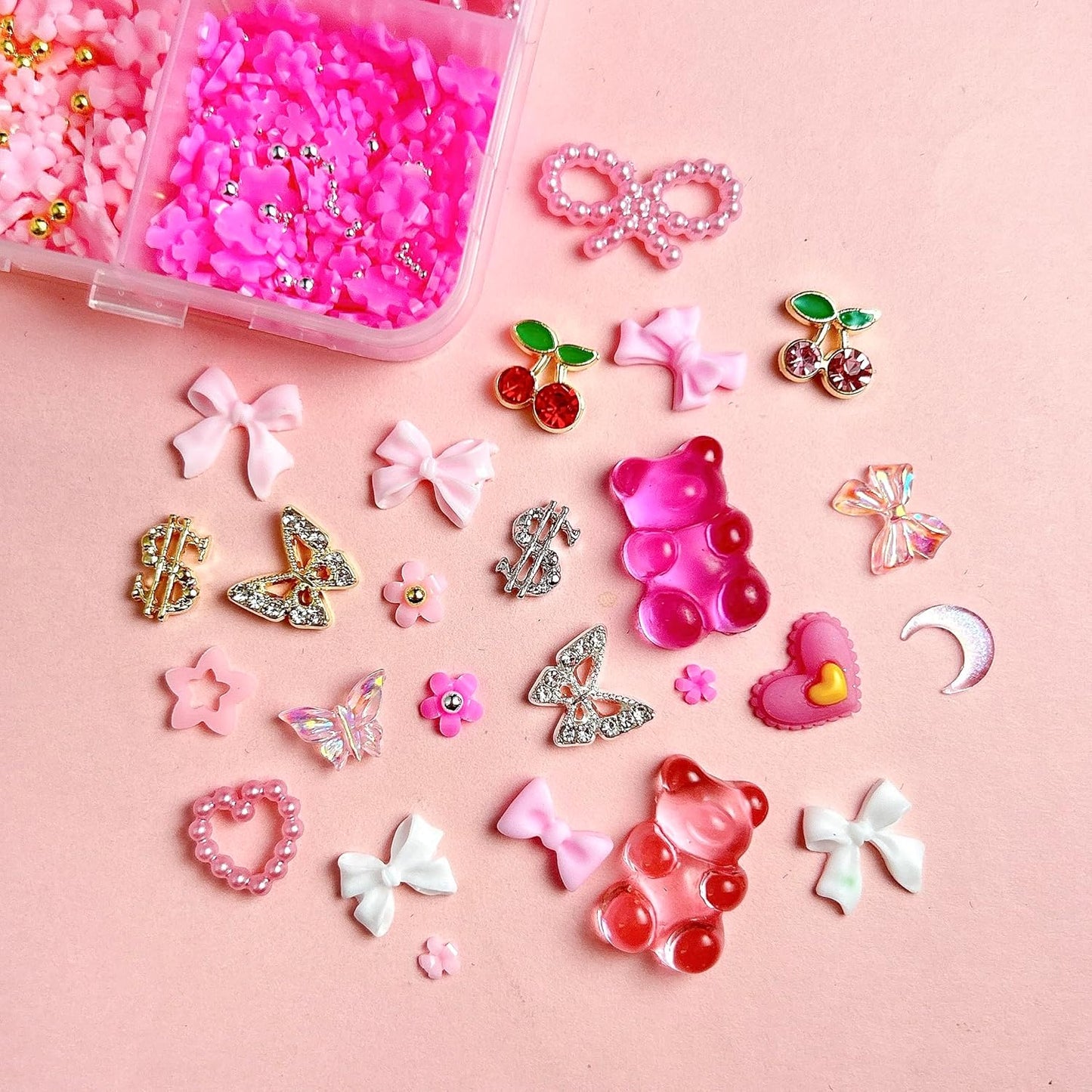 3D Pink Flower Nail Charms Y2K, Cute Resin Bear Star Heart Bow Nail Art, Gold Silver Butterfly Cherry Charms Nail Design for Women Nail Art Accessories Manicure DIY Crafts