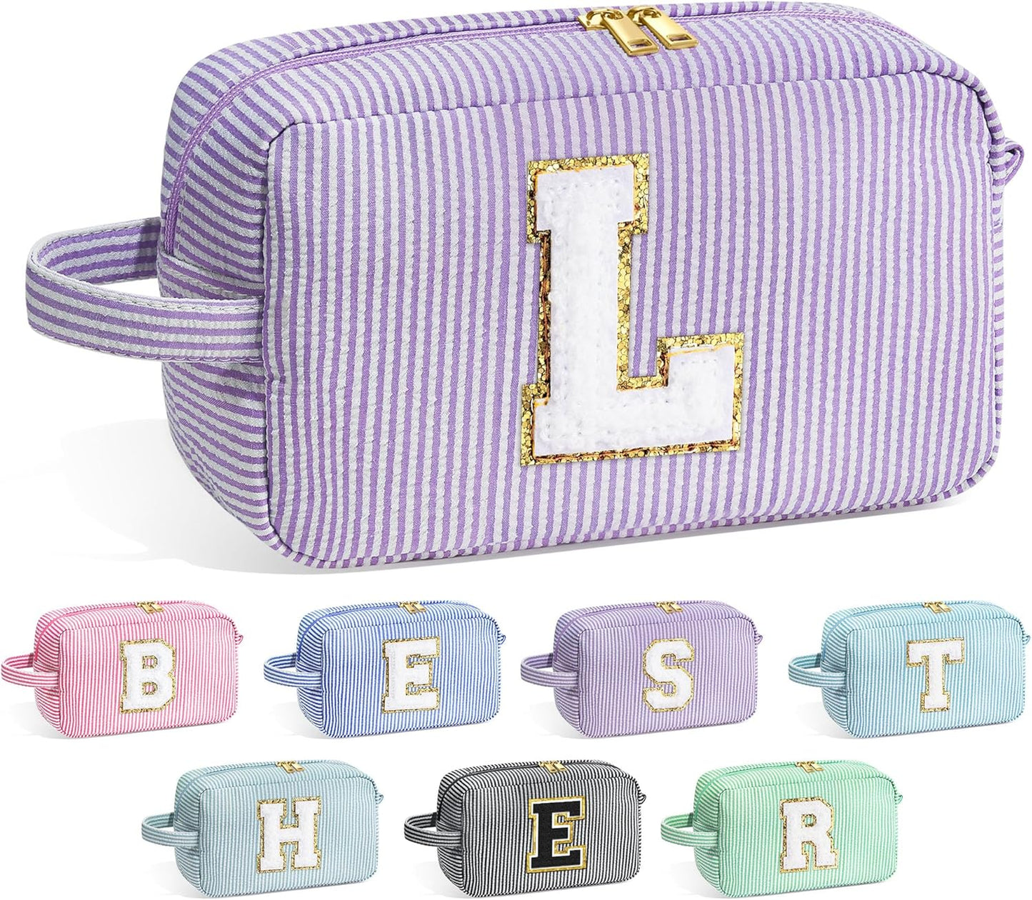 YOOLIFE Makeup Bag: Initial Monogram Cosmetic Travel Makeup Pouch, Purple for Women