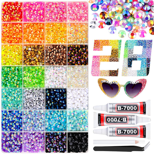 8000Pcs Resin Rhinestones with 3Pcs B7000 Jewelry Glue for Crafting, Multicolors 5mm Non Hotfix Flatback Gems, Bedazzling Crystal for DIY Crafts Clothing Tumblers Mugs Shoes Fabric Decor Nail Art