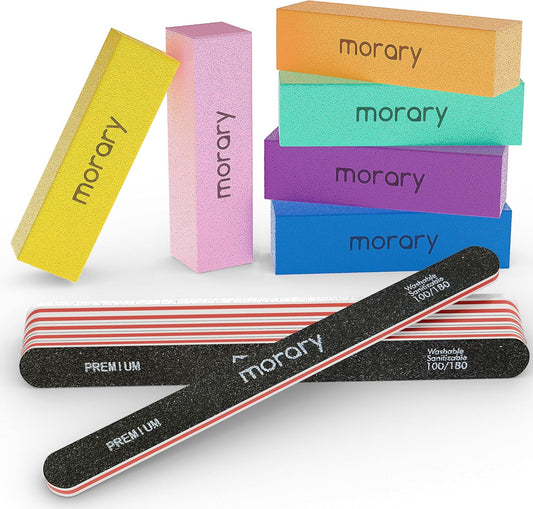 Nail Files and Buffers 12Pcs Professional Manicure Tools Kit, 6 Pcs Black Double Sided 100/180 Grit Nail Files & 6 Pcs Rectangular Nail Buffer Block Mulit Color