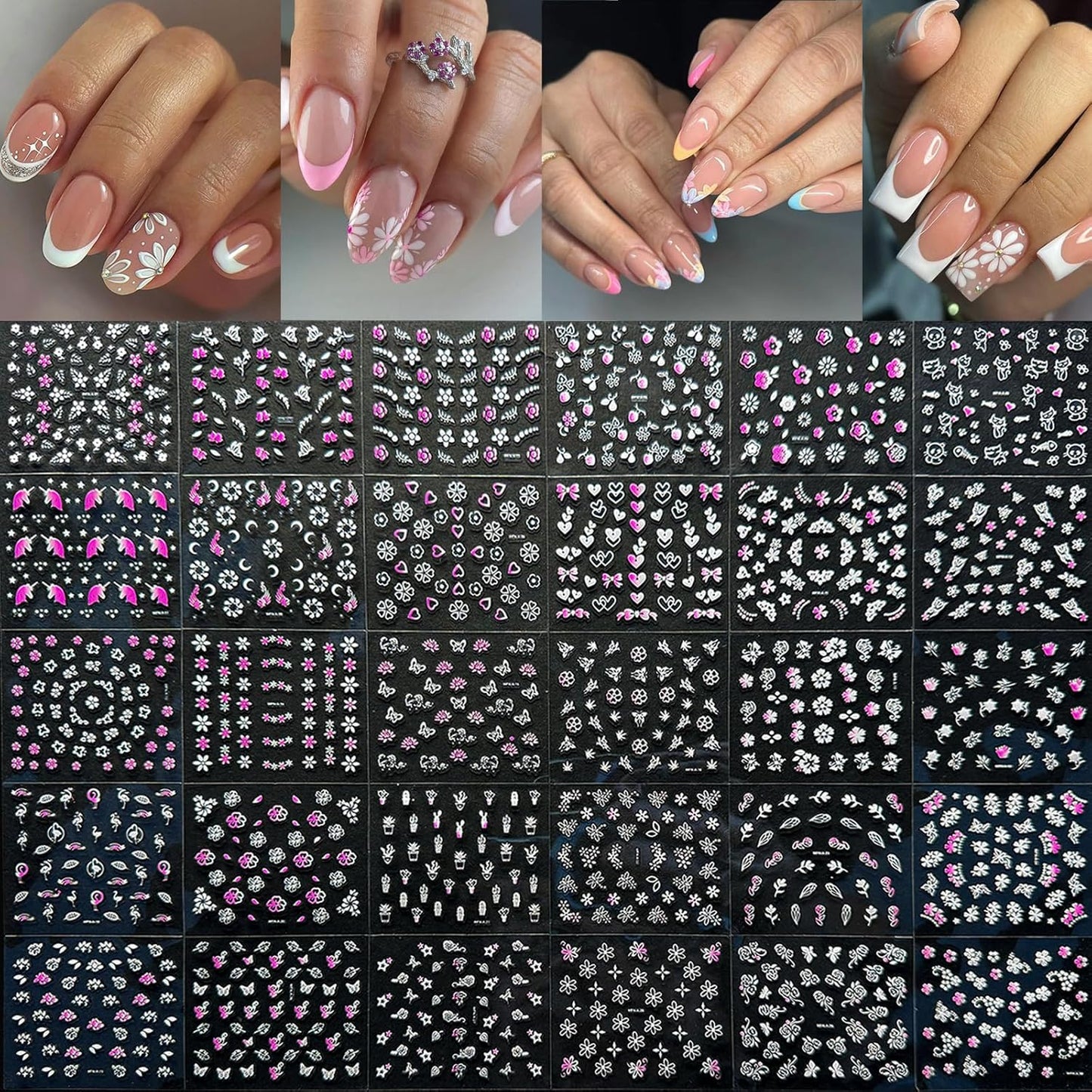 30 Sheets Flower Nail Art Stickers Pink White Flower Nail Stickers 3D Self Adhesive Cute Daisy Floral Nail Decals Nail Supplies Nail Art Design Decoration Accessories for Women Girls