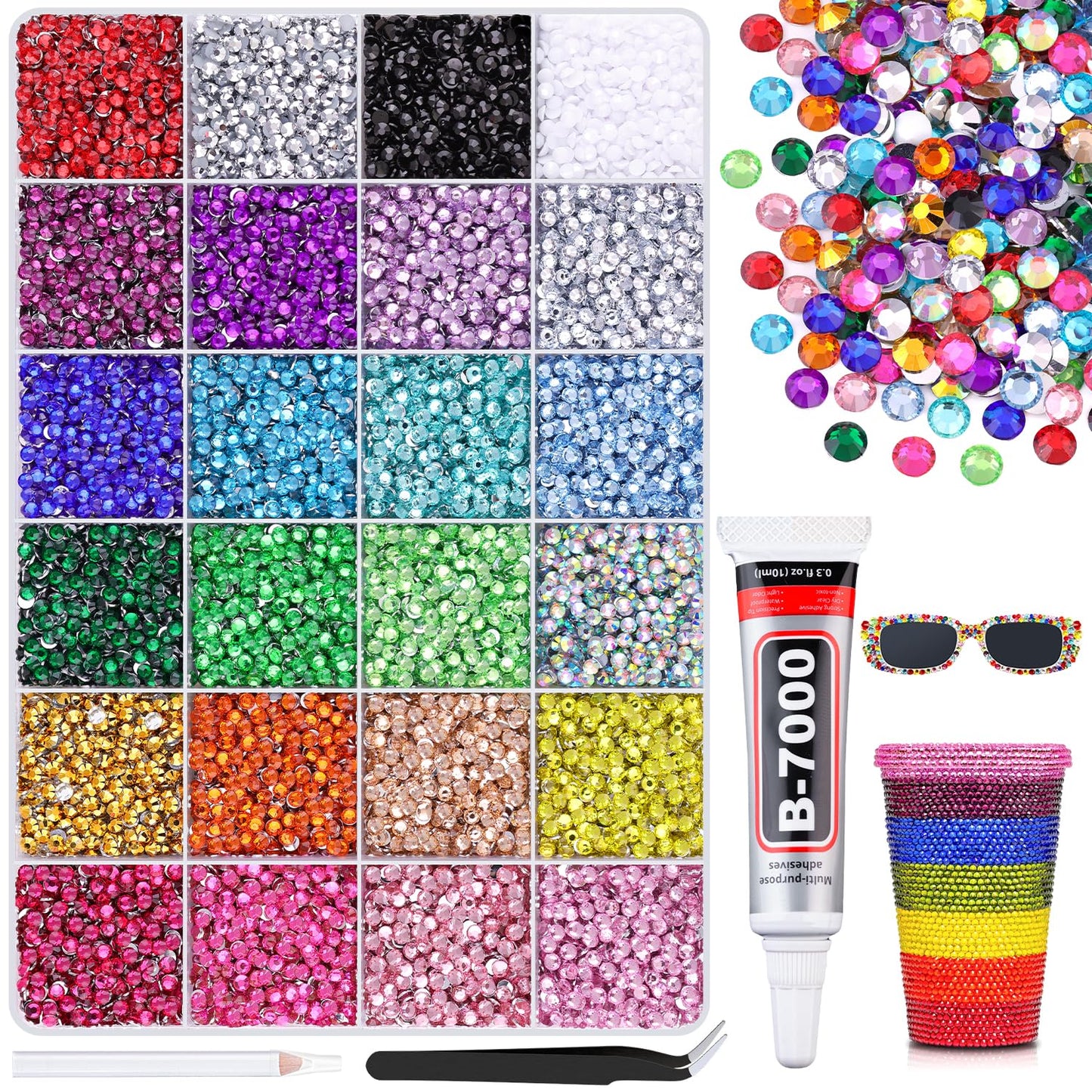 24000Pcs Resin Rhinestones with 1Pcs B7000 Jewelry Glue for Crafting, Multicolors 3mm Non Hotfix Flatback Gems, Bedazzling Crystal for DIY Crafts Clothing Tumblers Mugs Shoes Fabric Decor Nail Art