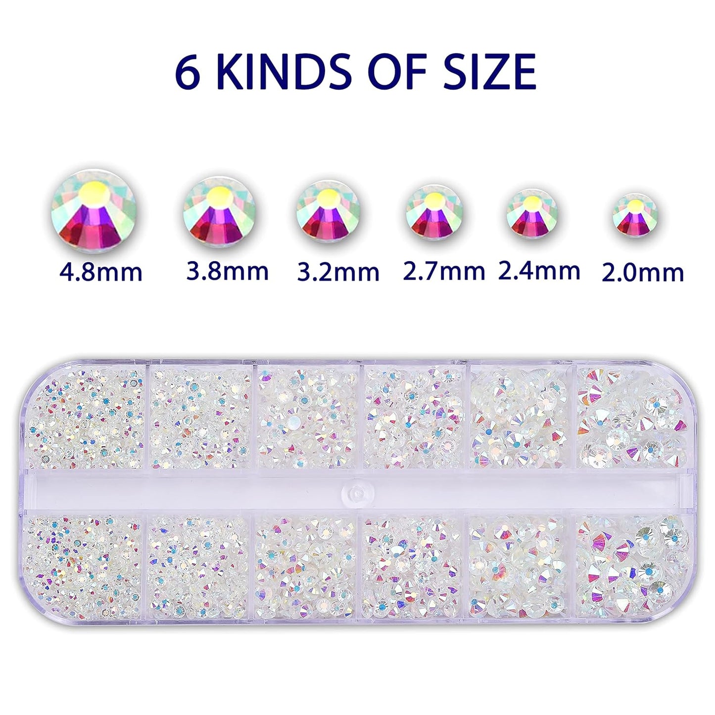 3000 Pcs Nail Art Rhinestones HUETFAT Nail Gems AB Clear Flatback Stones Crystals Mixed 6 Size Nail Diamonds with Storage Organizer Box Wax Pencil Tweezers 3D Jewels for Nail Design (AB Clear)