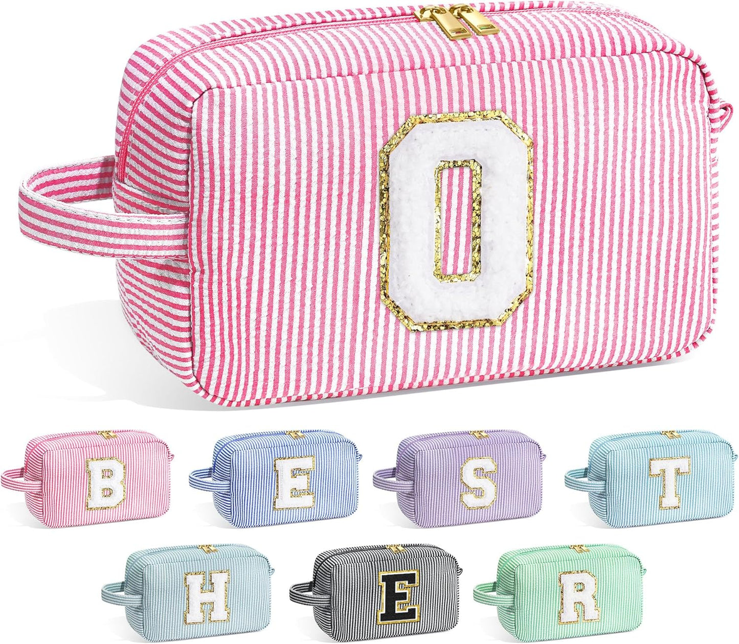 YOOLIFE Initial Cosmetic Bag for Women - Monogram Cute Initial Pink Makeup Bags Toiletry Pouch Make Up Case for Women Her Best Friend Friendship Sister Teacher, Personalized Birthday Gifts for Women O