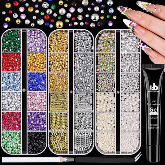 10000Pcs Nail Gems and Rhinestones for Nail Art with Rhinestone Glue, Flatback Nail Pearls and Caviar Nail Beads(Silver+Gold, Colorful Rhinestones Bedazzling Gems Pearl Nail Charms for Nail Design