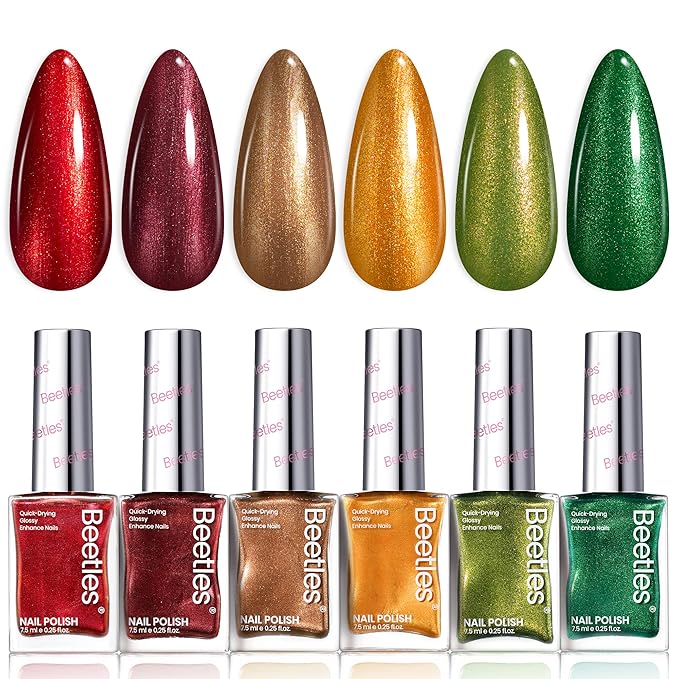 Beetles Fall Nail Polish Set - Glamour Era 6 Colors Quick Dry Glitter Burgundy Red Gold Green Yellow High-Gloss Long-Lasting Nail Polish for DIY At-Home Manicure Christmas Gift for Women