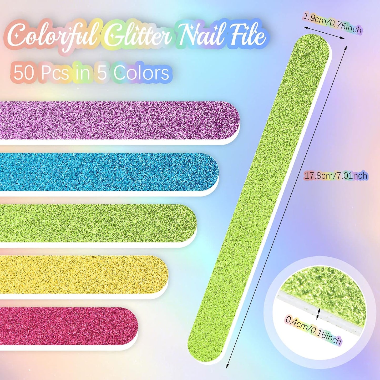 Mixweer 50 Pieces Glitter Nail File Colorful Strips Nail Bulk, 7.01 x 0.75 Inch Manicure and Pedicure Toenails Buffers, Double Sided Filer for Women Shaping Smoothing Toenails and Fingernails