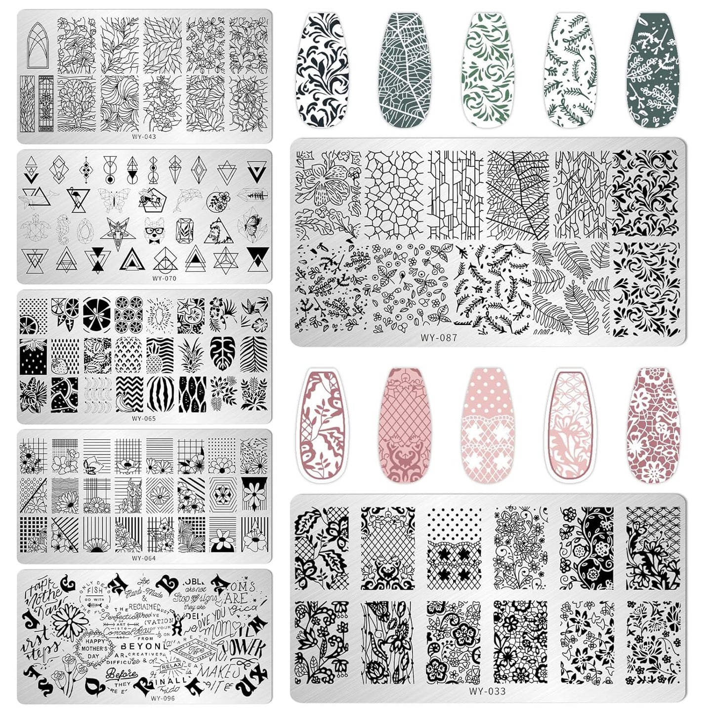 AddFavor Nail Stamping Plate Kit with Nail Stamp and Scraper, 6pcs Leaf Fruit Geometric Nail Stamper Kit for Home Salon Manicure Polish Print Stencils Design Tools
