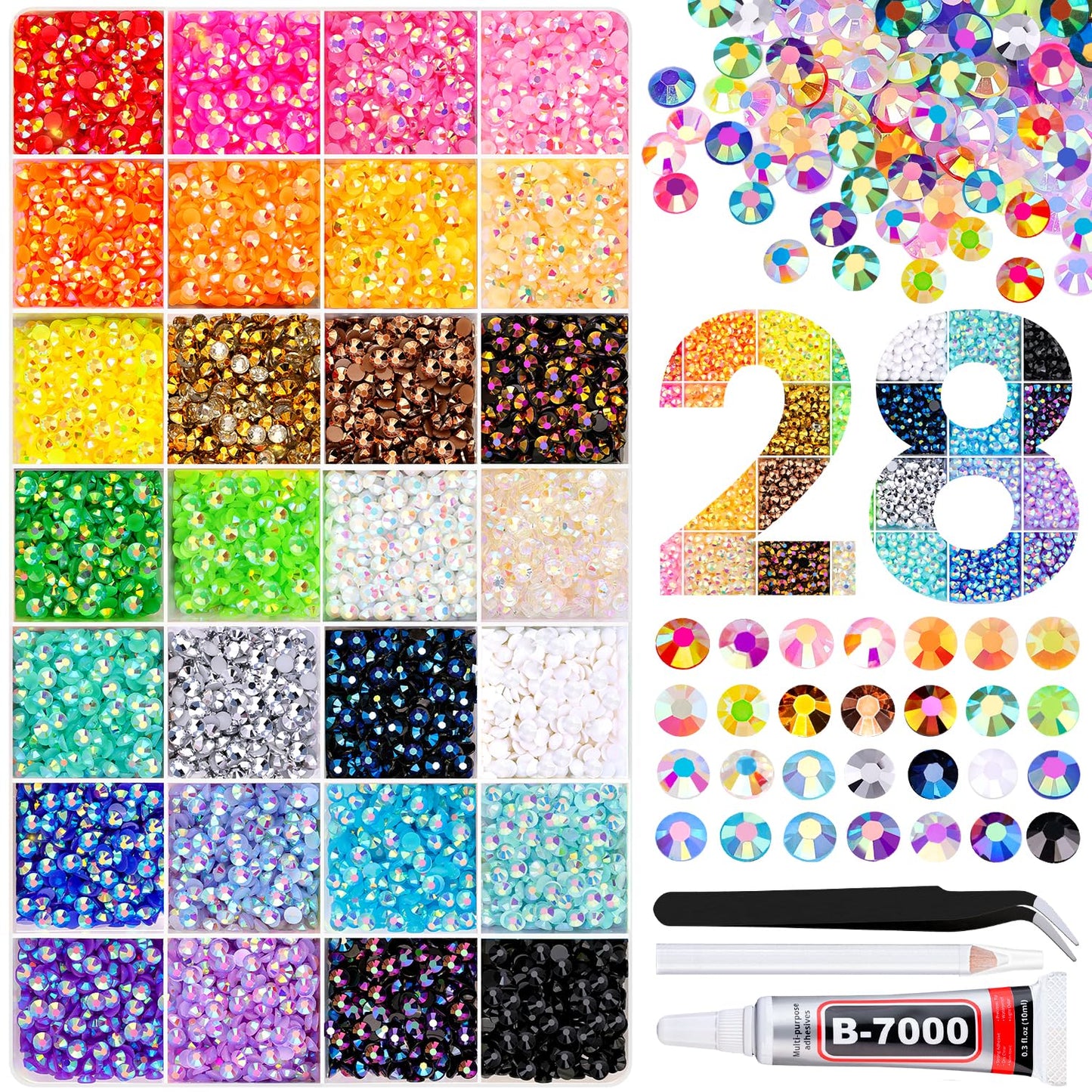16000Pcs Resin Rhinestones with Tweezers for Crafting, Mixed-Color 4mm Bedazzling Crystal with 1Pcs 10ml B7000 Jewelry Glue for DIY Crafts Clothing Tumblers Shoes Fabric Nail Art