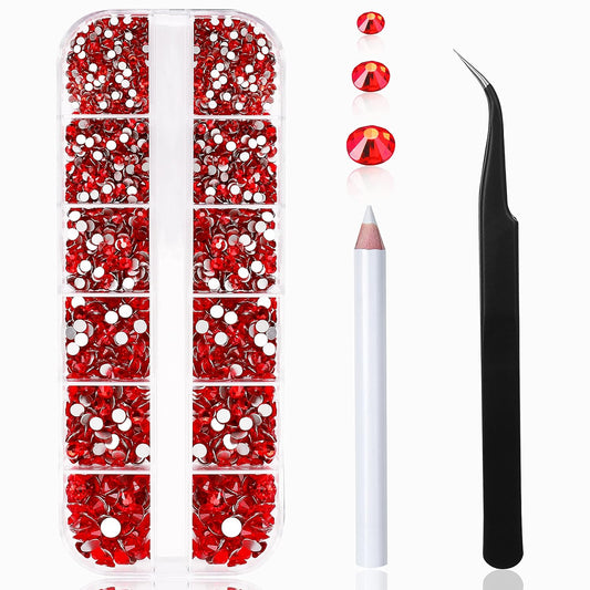 2400 Pcs Nail Art Rhinestones Red Flat Back Rhinestones Gems Round Crystal Siam 6 Sizes (1.9-4.5 mm) Wax Pencil Tweezers for Nail Art Makeup Clothes Shoes Bags Crafts DIY(Red) HUETFAT