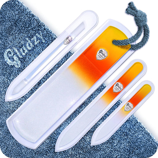 GLADZY Genuine Czech Glass Nail File Set - Callus Remover Foot Rasp, Cuticle Pusher Manicure Stick, Double Sided Etched Different Grit Surface, Professional Nail Care Tool, Made in EU