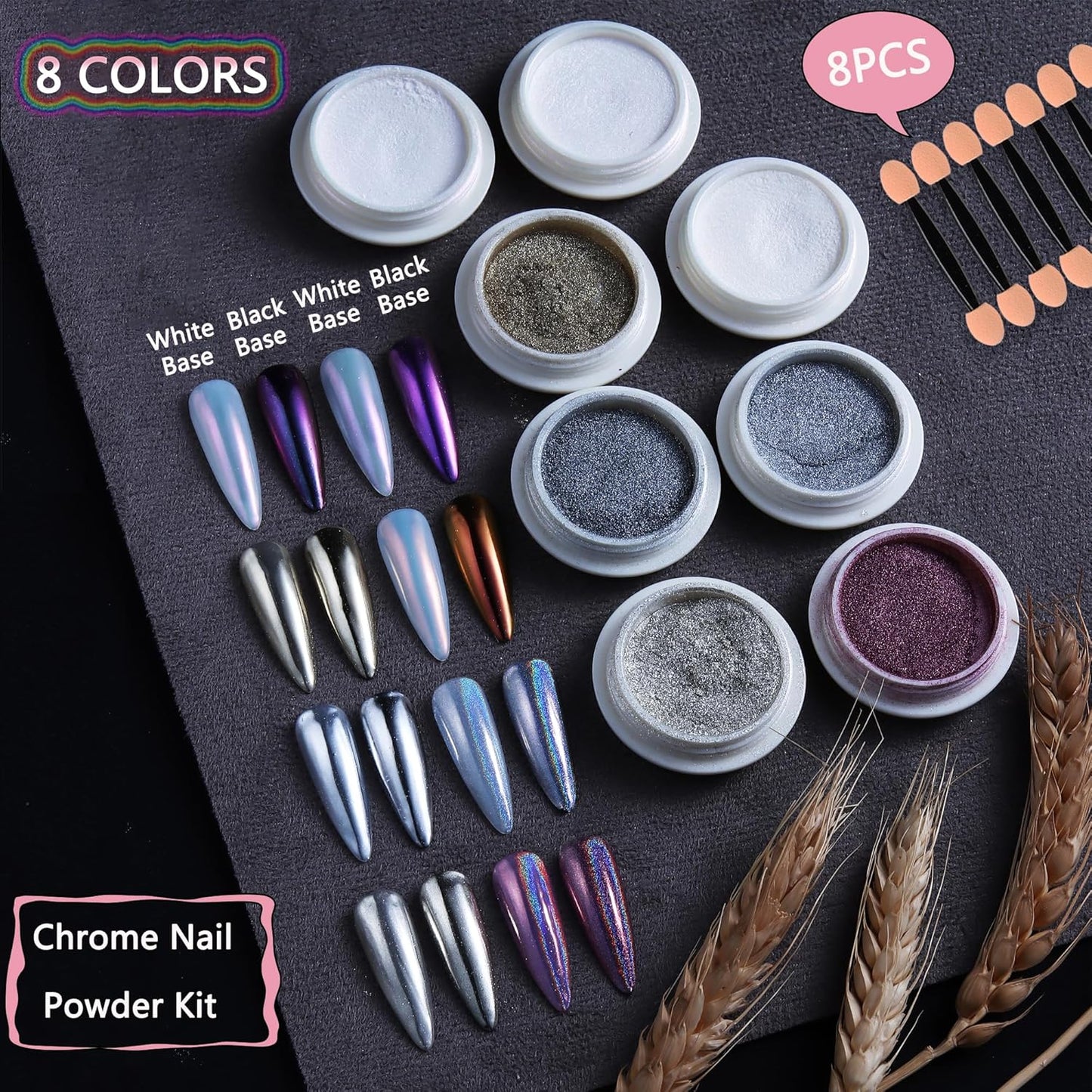 Chrome Nail Powder 8 Colors Chrome Powder for Nails Art Glitter Mirror Effect Holographic Pigment Aurora Iridescent Chameleon Powder 8g/Jar,Manicure Decoration Supplies,8 Sponge Sticks