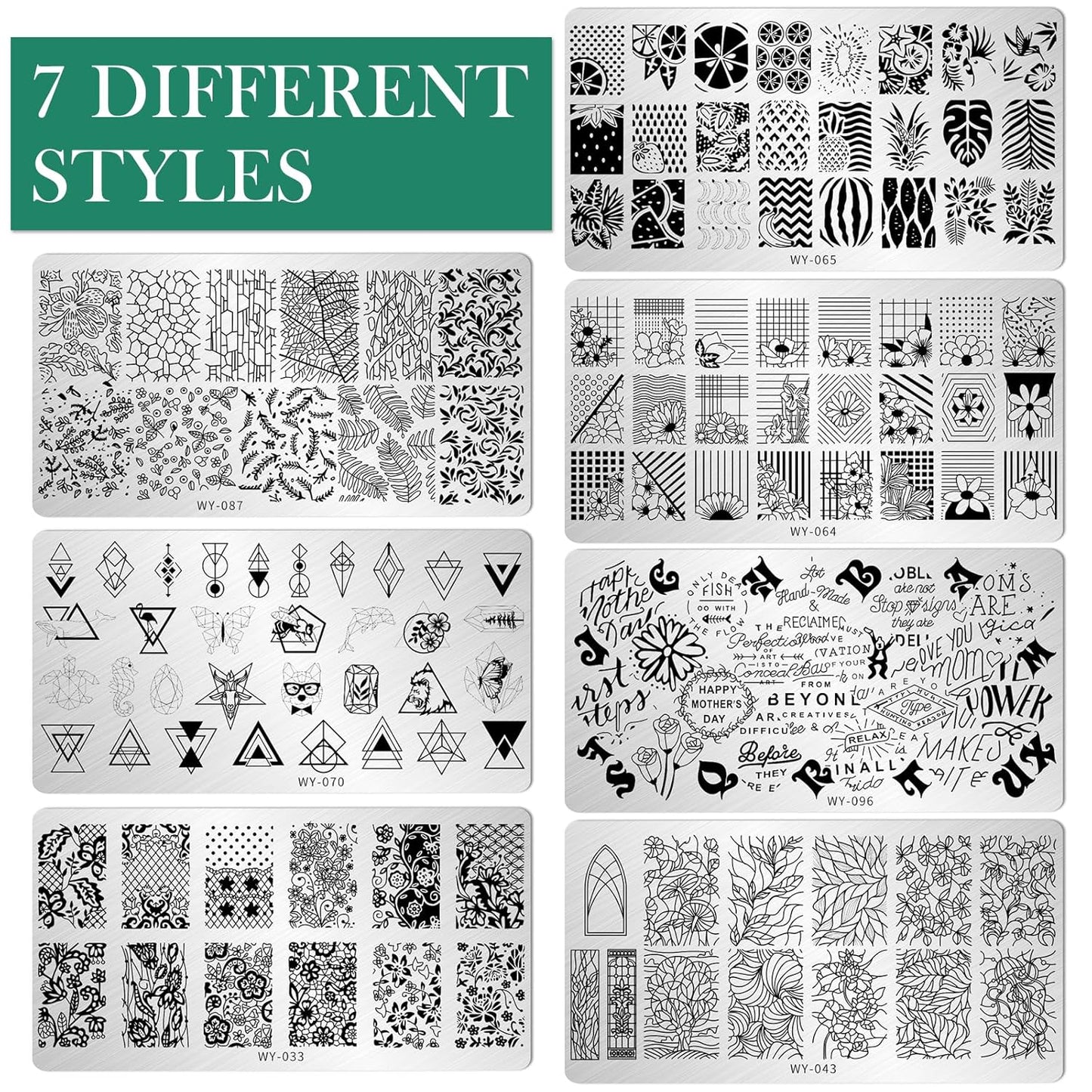 AddFavor Nail Stamping Plate Kit with Nail Stamp and Scraper, 6pcs Leaf Fruit Geometric Nail Stamper Kit for Home Salon Manicure Polish Print Stencils Design Tools