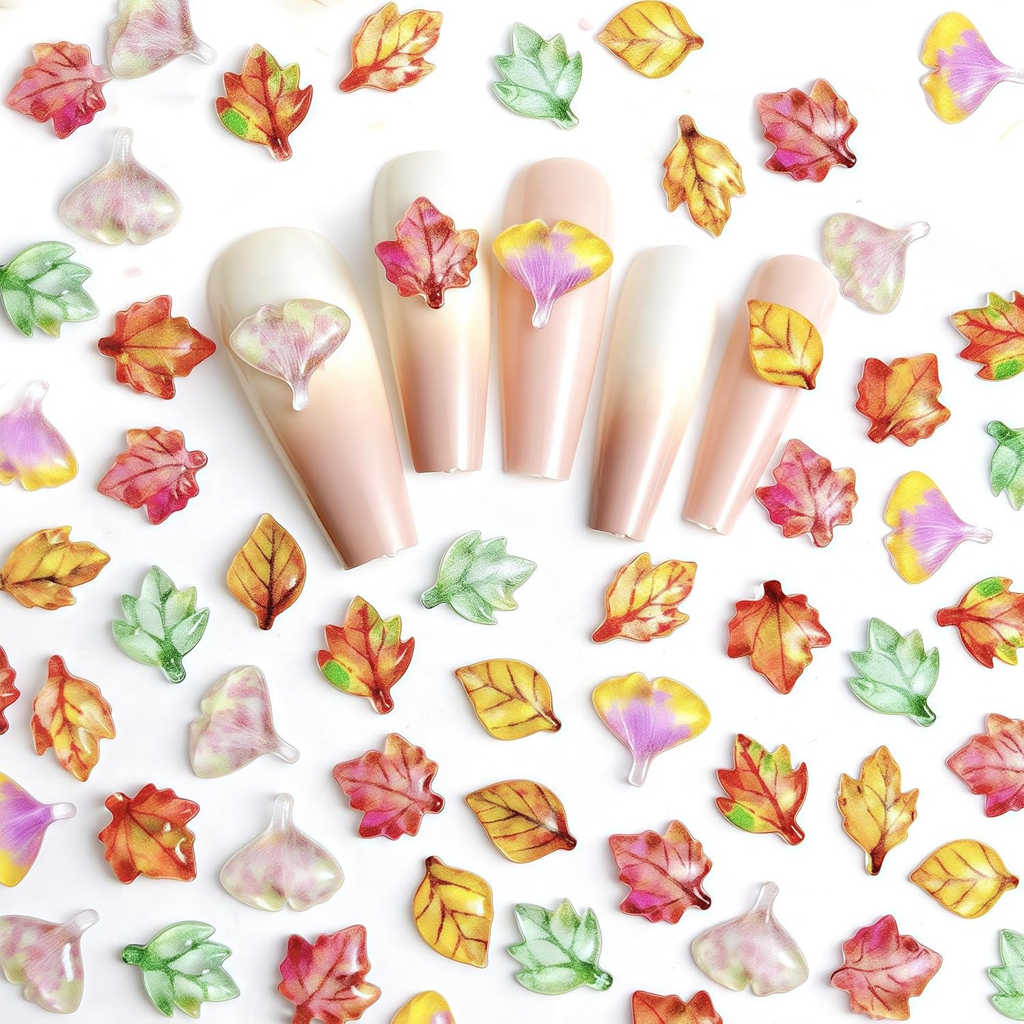 100 Pcs Fall Nail Art Charms Multi Shape Resin Maple Leaves Nail Charms 3D Flat Back Autumn Maple Leaf Ginkgo Leaf Design Nail Art Rhinestones Jewelry for DIY Thanksgiving Nail Decoration
