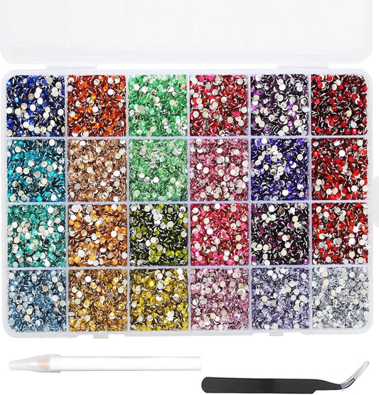 24000Pcs Nail Art Rhinestones, BetterJonny 24 Colors 3mm Round Nail Flatback Rainbow Gems Set with Tweezers and Pencil AB Glitter Flat-Bottomed Rhinestone for Crafts Decoration and Jewelry Making