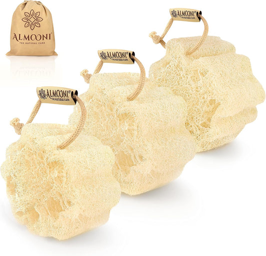 Almooni Mini Natural Loofah Sponge - Real Egyptian Shower Exfoliating Loofah - Small Loofah Scrubber for The Perfect Grip - 3 Count(1 Pack)