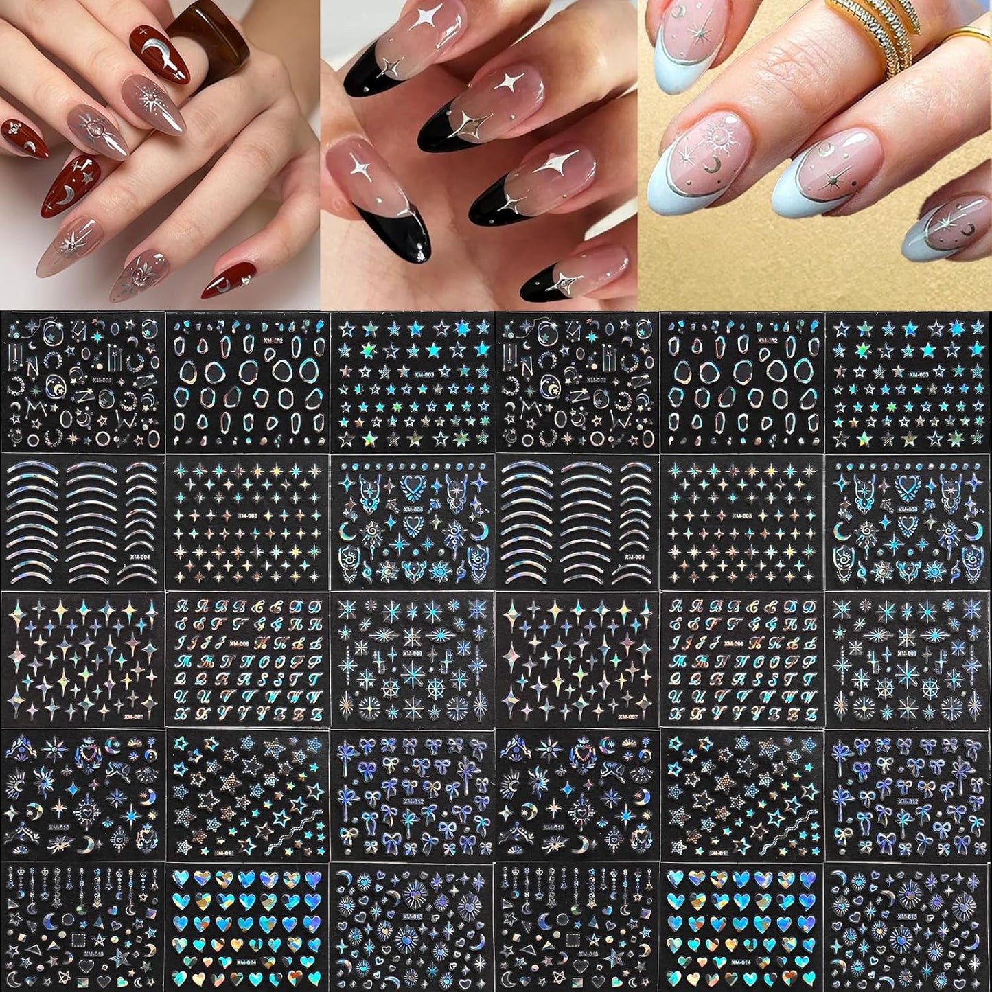 30 Sheets Star Nail Sticker Aurora Nail Art Stickers Moon Bow Heart Letter Design 3D Self-Adhesive Nail Decals for Women Girls DIY Nail Art Decoration