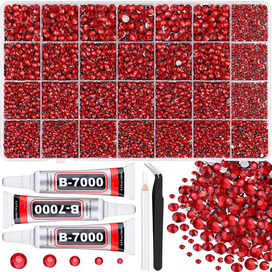 32000Pcs Resin Rhinestones for Bedazzling with 3Pcs B7000 Jewelry Glue, Red Flatback Gems Rhinestones for Crafting, Clothing Tumblers Mugs Shoes Fabric Decor Nail Art