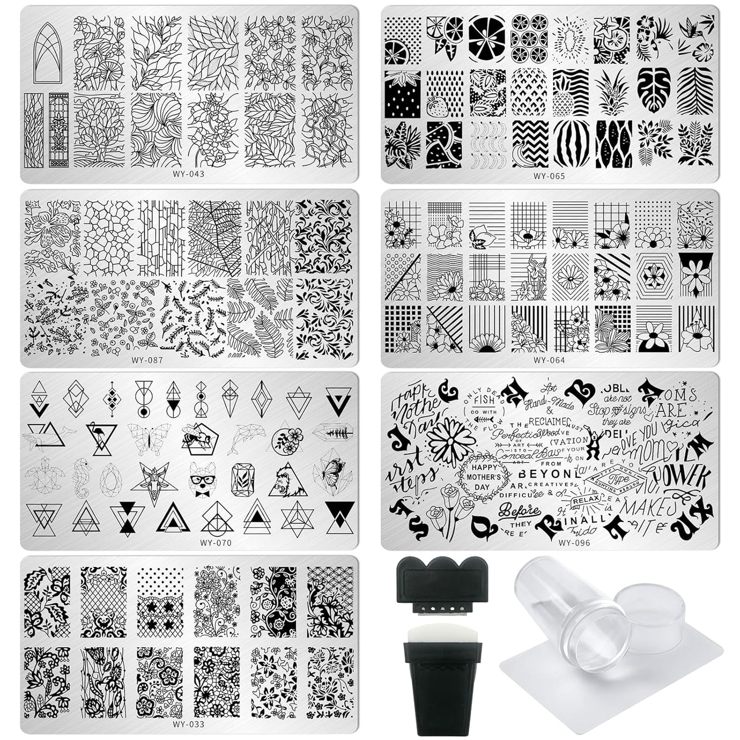 AddFavor Nail Stamping Plate Kit with Nail Stamp and Scraper, 6pcs Leaf Fruit Geometric Nail Stamper Kit for Home Salon Manicure Polish Print Stencils Design Tools