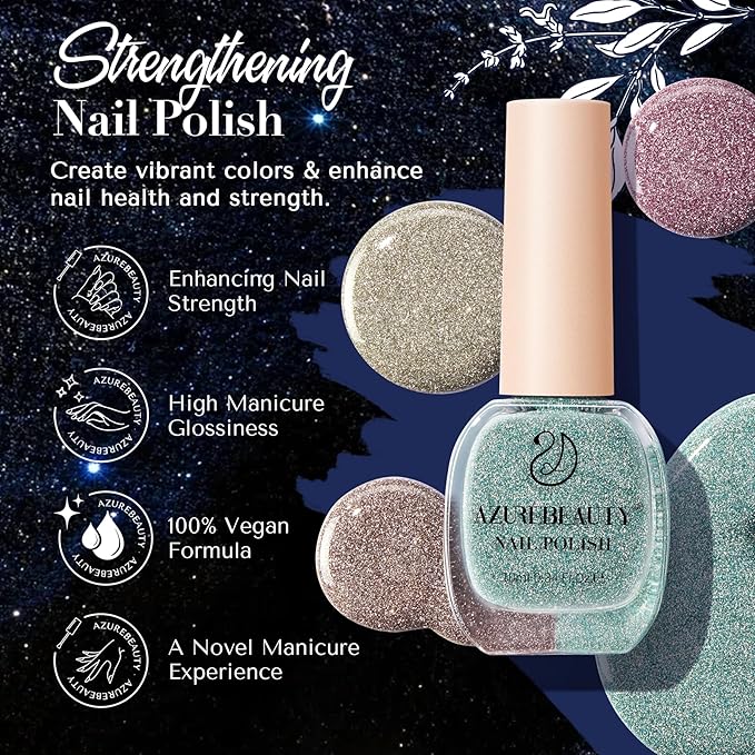 AZUREBEAUTY Reflective Nail Polish Set, 8 Colors Glitter Sparkly Shiny Green Silver Pink Quick Dry Natural Nail Lacquer Strengthening Treatment DIY Manicure Nail Salon
