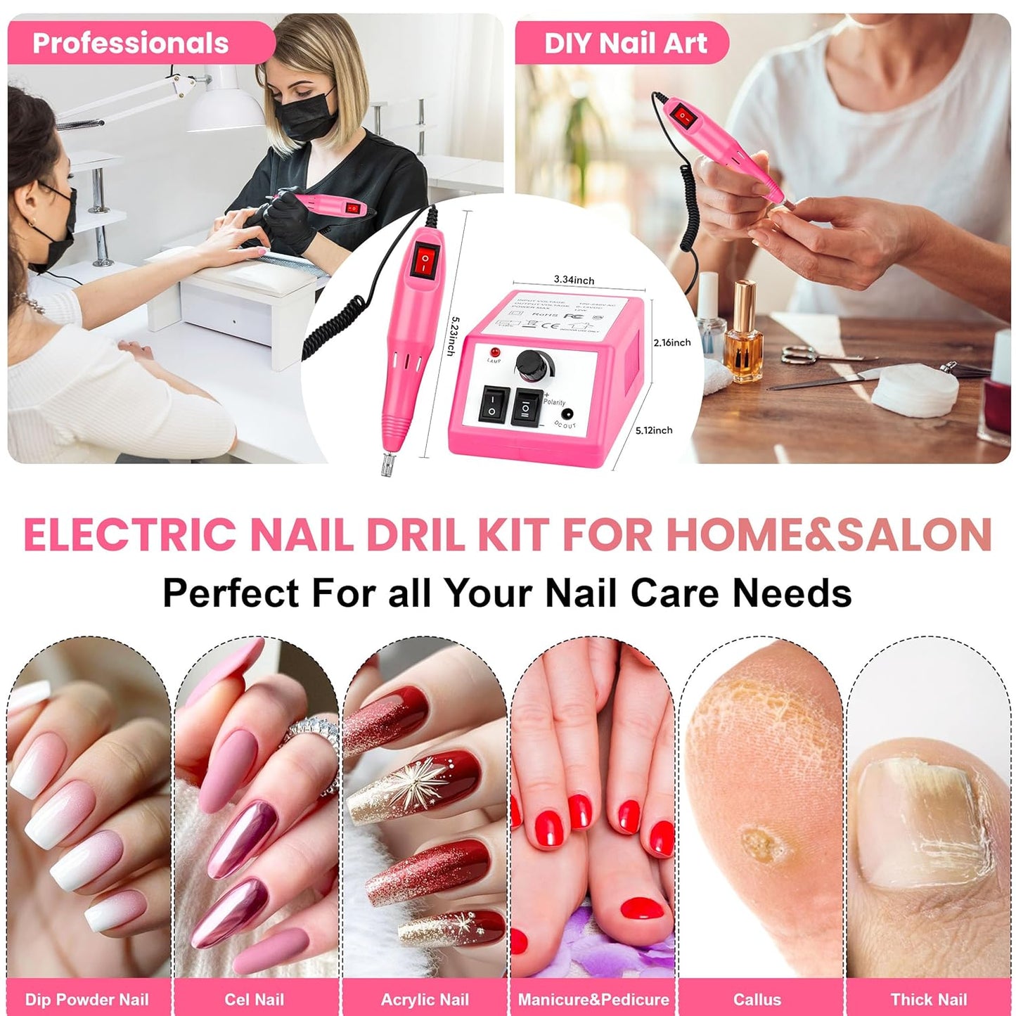 20000RPM Professional Electric Nail File Kit, 156pcs Sanding Bands and Nail Drill Bits for Acrylic, Gel Nail Manicure Gel Nail Polish Remover (Pink)