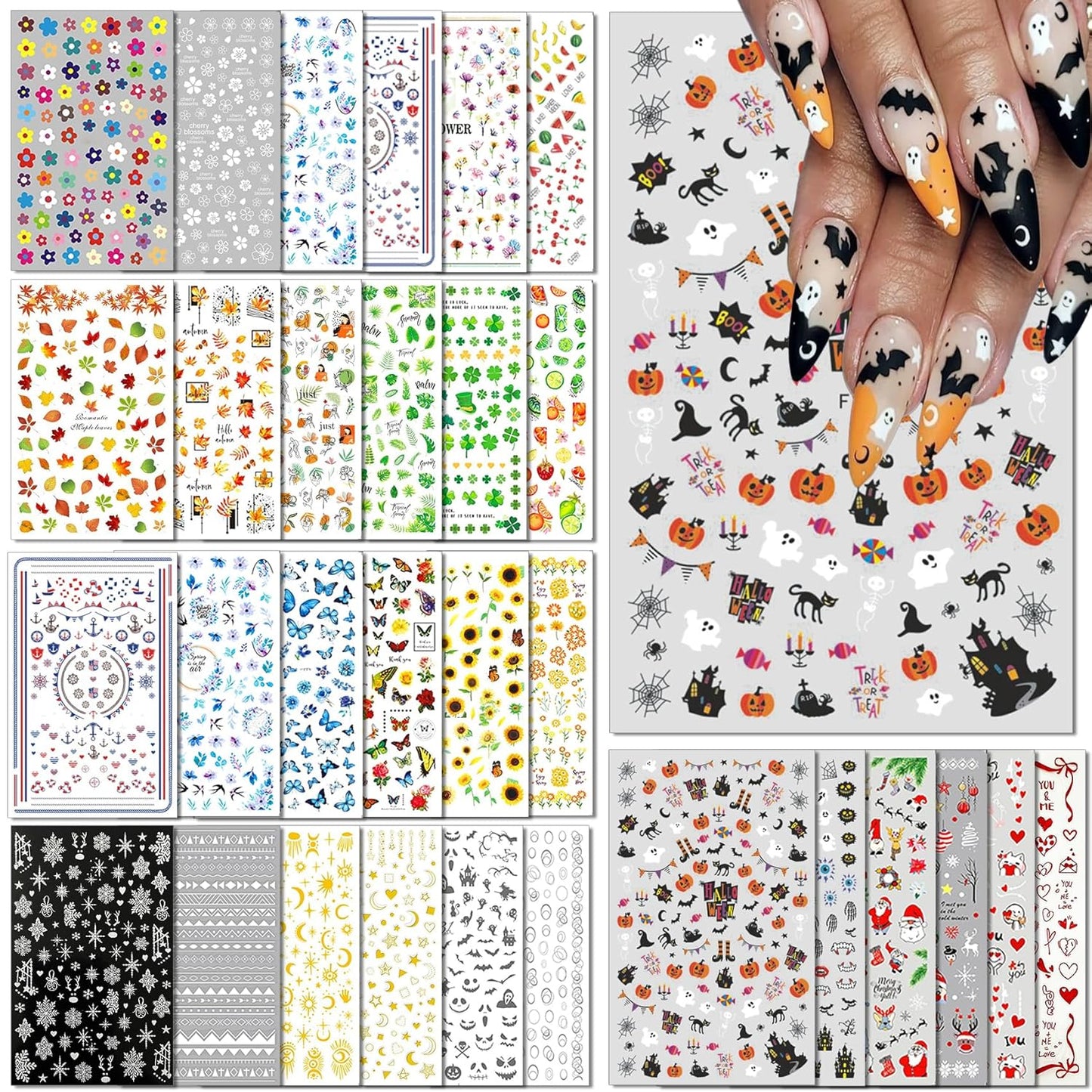 30 Sheets All Holiday Nail Art Stickers, Variety Pack Seasonal Nail Decals, Self-Adhesive Colorful Design for Daisy Flowers Butterflies Star Halloween Christmas