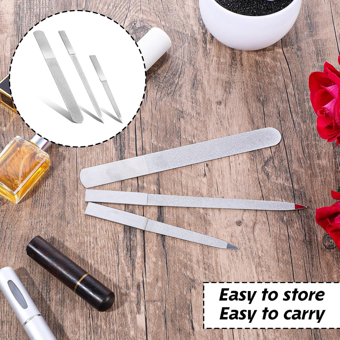 Diamond Nail File Set, 3Pcs Metal Nail File, Stainless Steel Double Side Fingernail Files, Toenails Fingernail Files Tools for Salon Home, Women Men (Silver)