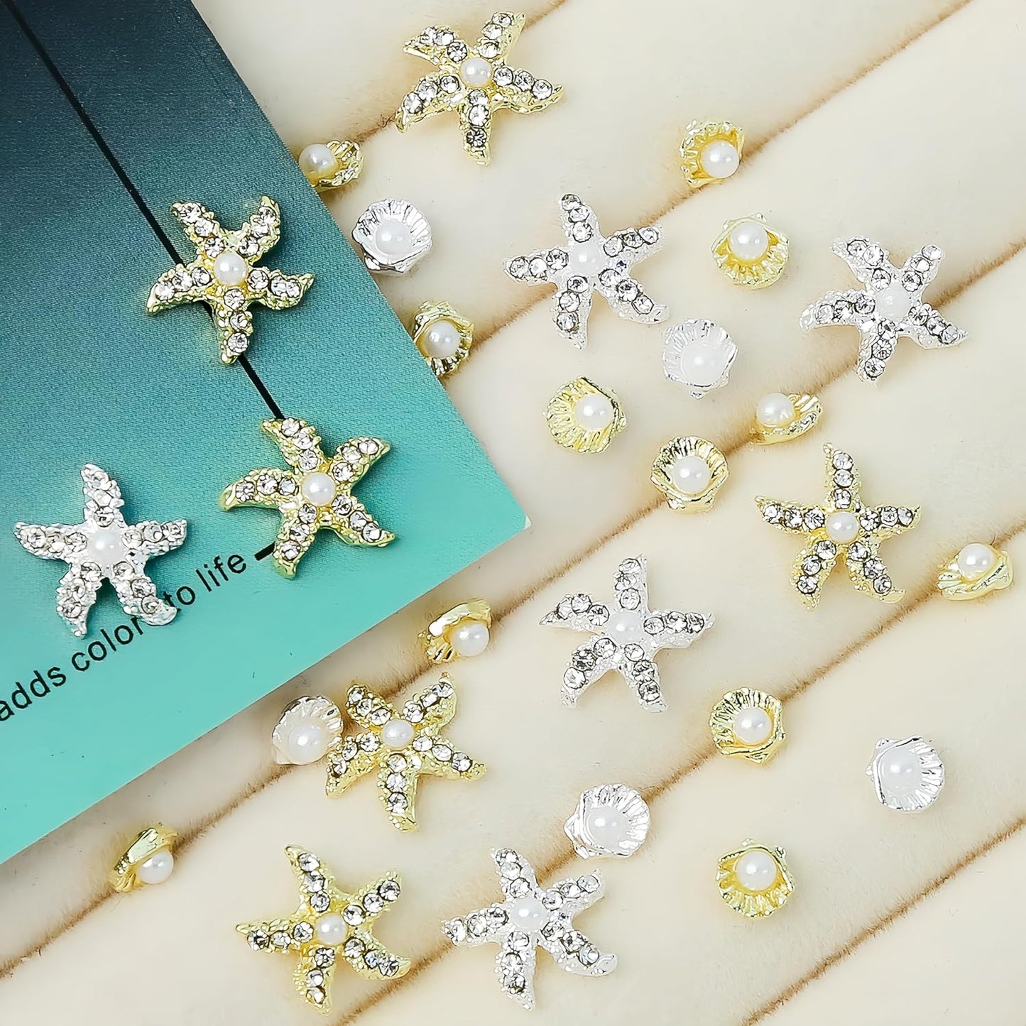24Pcs Gold Silver 3D Mixed Color Starfish Nail Charms Alloy Summer Beach Nail Art Rhinestones Pearl Metallic Shell Nail Jewelry Ocean Theme Starfish Sea Series Nail Supplies Manicure Gems for Women