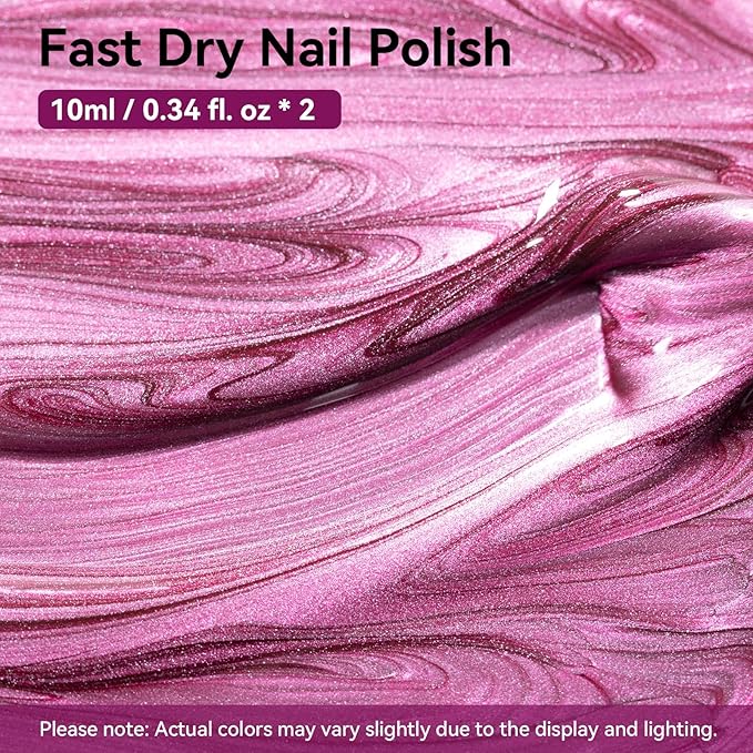 Metallic Purple Rose Nail Polish with Base Top Coat 3-in-1 Clear Fast Air Dry Fingernail Polish Duo, Non-Gel, Nail Strengthener Polishes, Opaque, Glossy Luxury Nail Art Gift for Women Girls