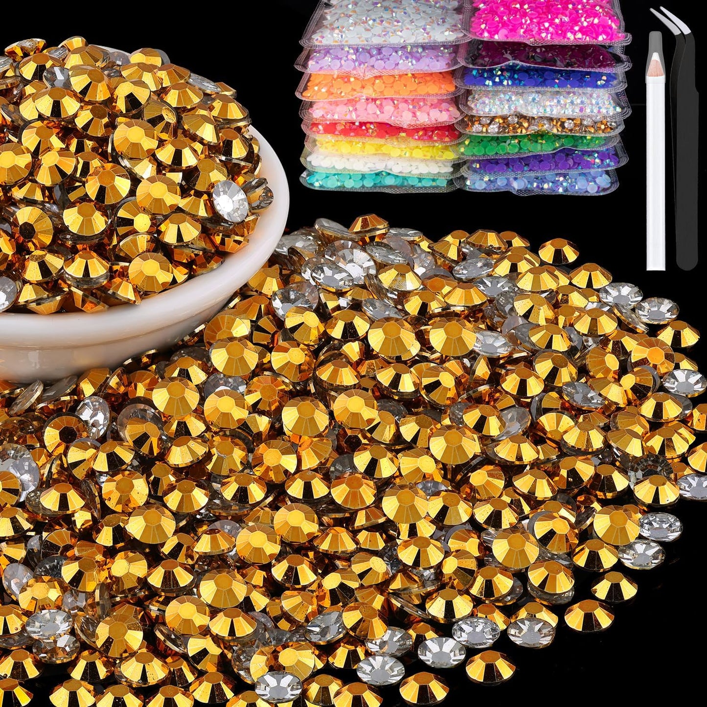 8000pcs 3mm Resin Rhinestones Bulk, Mineral Gold Flatback Round Jelly Rhinestones Bedazzling Non Hotfix Crystal Gems Large Quantity Wholesale for DIY Crafts Clothes Tumblers Face Makeup Manicure