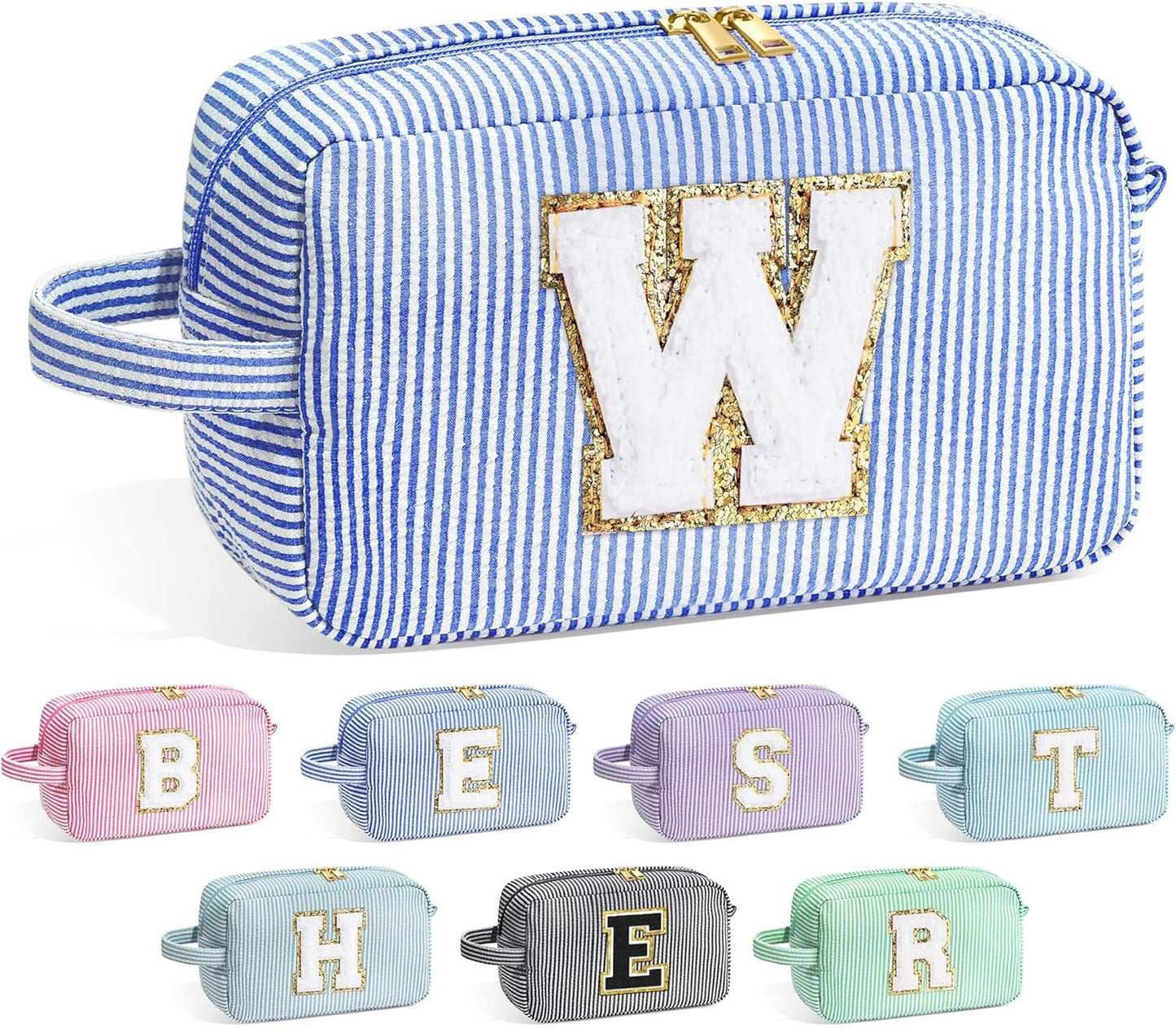 YOOLIFE Travel Makeup Bag - Monogrammed Cute Initial Blue Cosmetic Pouch for Women's Best Friend, Personalized Gifts