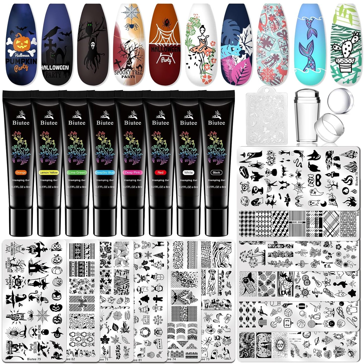 Biutee Nail Stamper Kit 22Pcs Gel Nail Stamping Kit 12Pcs Nail Stamping Plates 8Pcs Gel Stamping Polish, Silicone Stamper Scraper Flower Lace Holiday Stamp Template Halloween Christmas Gift for Women