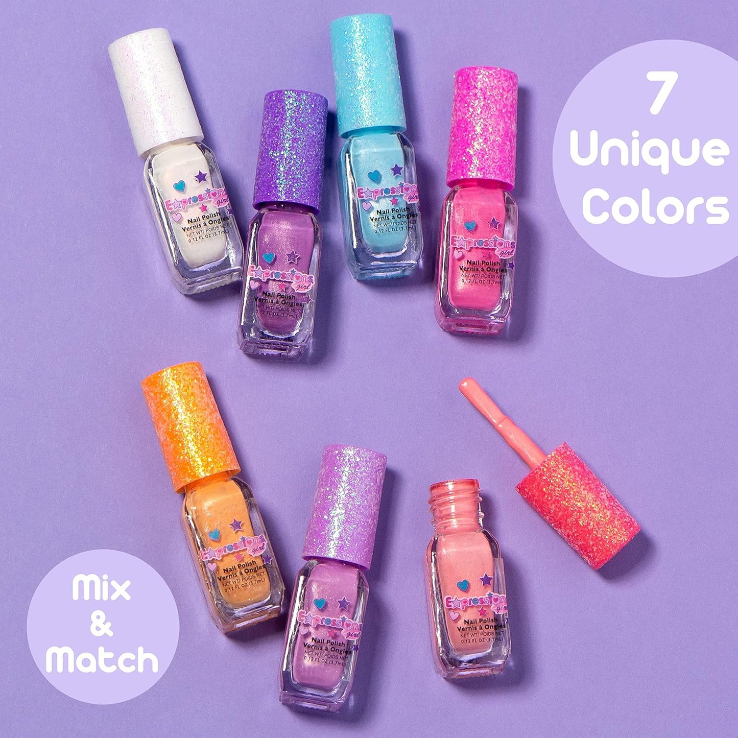 EXPRESSIONS 7pc Shimmer Nail Polish Set - Glitter Cap, Safe & Non-Toxic Nail Polish Kit for Girls & Teens