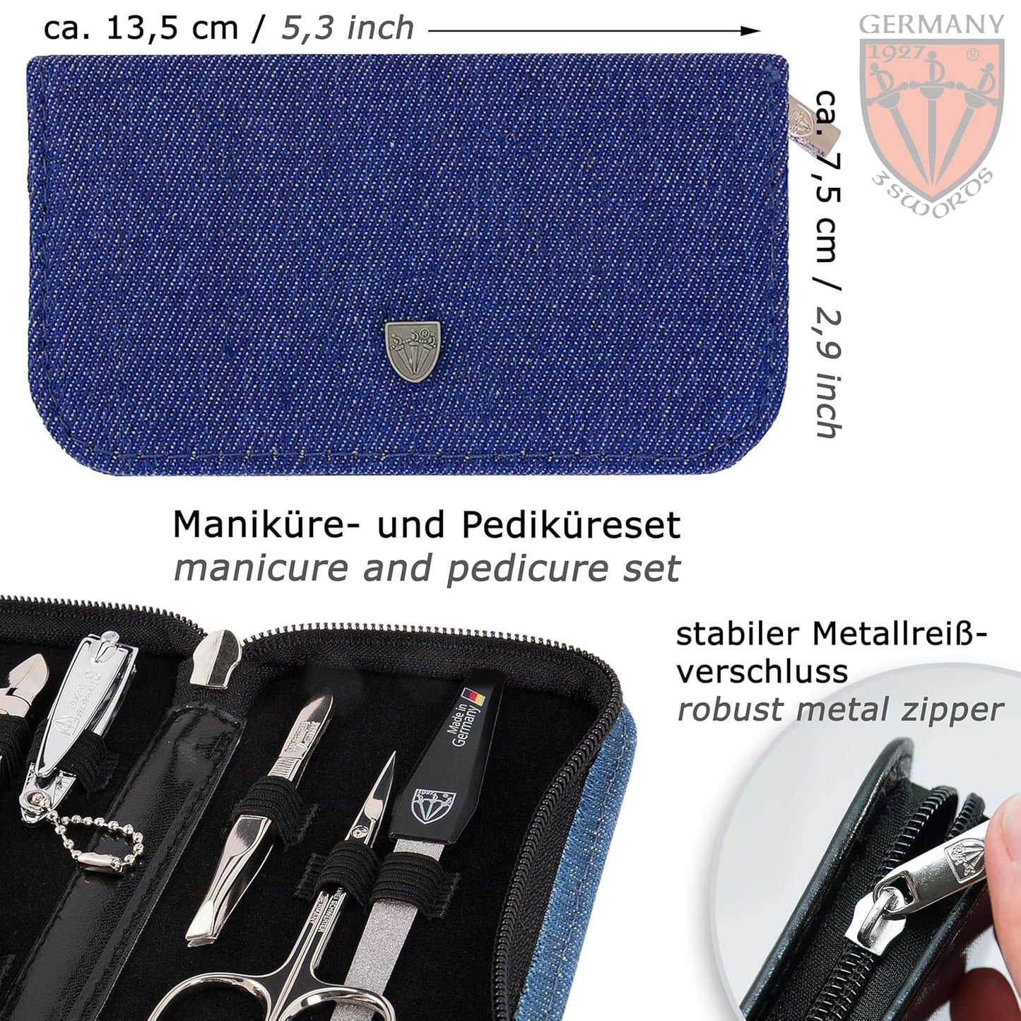 3 Swords Germany - brand quality 6 piece manicure pedicure grooming kit set for nail care with textile case jeans blue Made in Germany