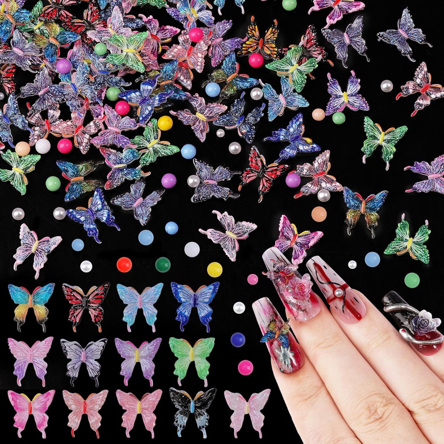 100Pcs Butterfly Nail Charms with 200Pcs Pearls, Colorful 3D Resin Nail Butterfly Charms, White & Macaron Rhinestones for Nail Art, DIY Crafts, Spring Summer Manicure Decoration for Women Girls