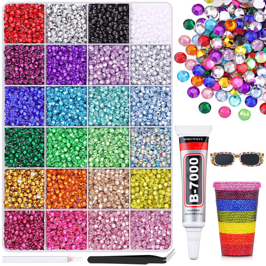 12600Pcs Resin Rhinestones with 1Pcs B7000 Jewelry Glue for Crafting, Multicolors 4mm Non Hotfix Flatback Gems, Bedazzling Crystal for DIY Crafts Clothing Tumblers Mugs Shoes Fabric Decor Nail Art