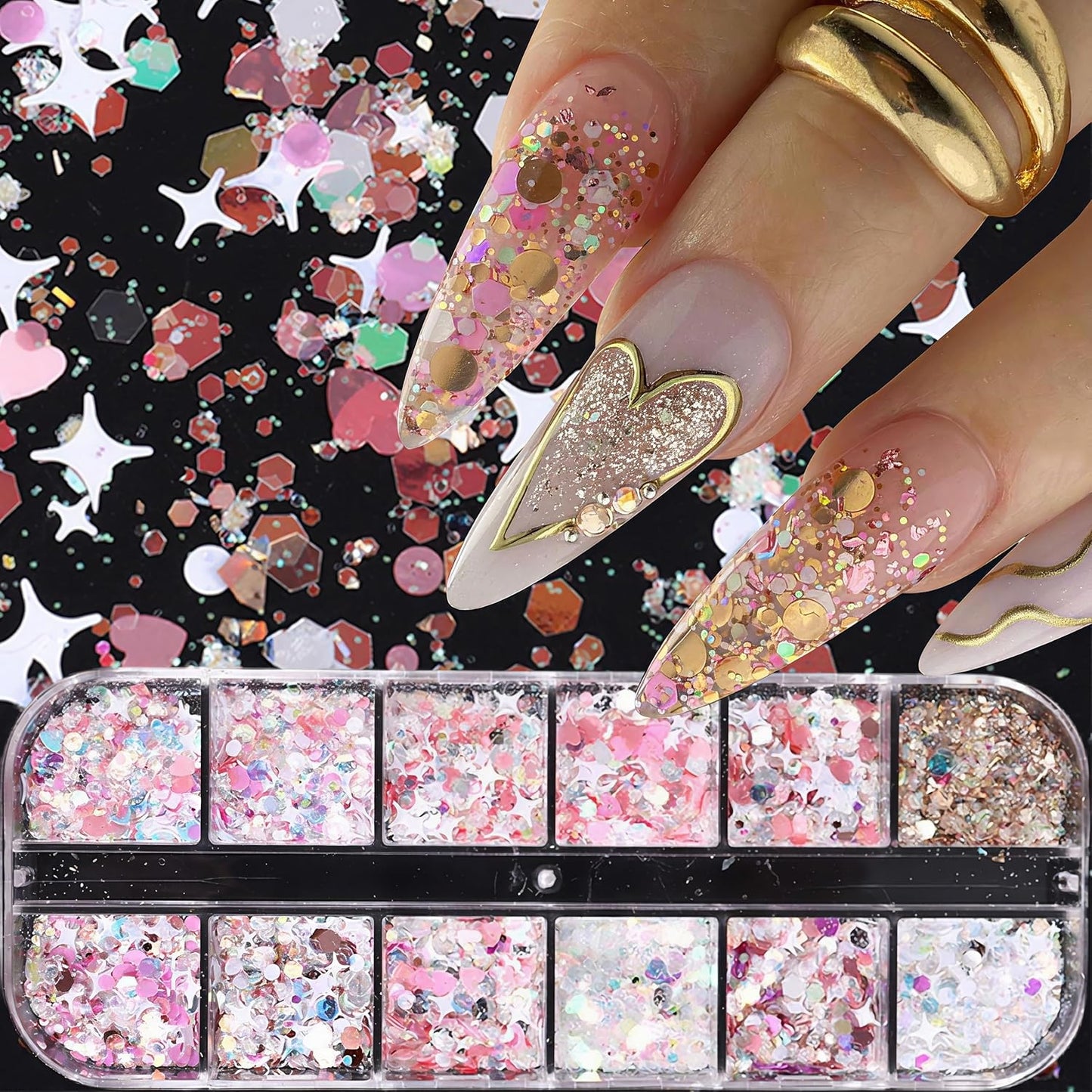 12 Grids Mixed Star Fragment Nail Art Glitters Sequins Holographic Heart Nail Sequins Hexagon Sparkles Stars Design Laser Nail Flakes Glitters Accessories for Women Manicure DIY Nail Decorations
