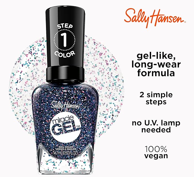 Sally Hansen Miracle Gel Salon Quality Nail Polish | Gel-Like Formula, Two-Step System, No UV Light Needed, Long Lasting | Opaque, Glittery | 581 Girls Flip | White Nail Polish