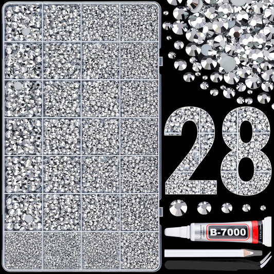 30000Pcs Resin Rhinestones for Bedazzling with B7000 Jewelry Glue, Silver Flatback Gems Rhinestones for Crafting, Clothing Tumblers Mugs Shoes Fabric Decor Nail Art
