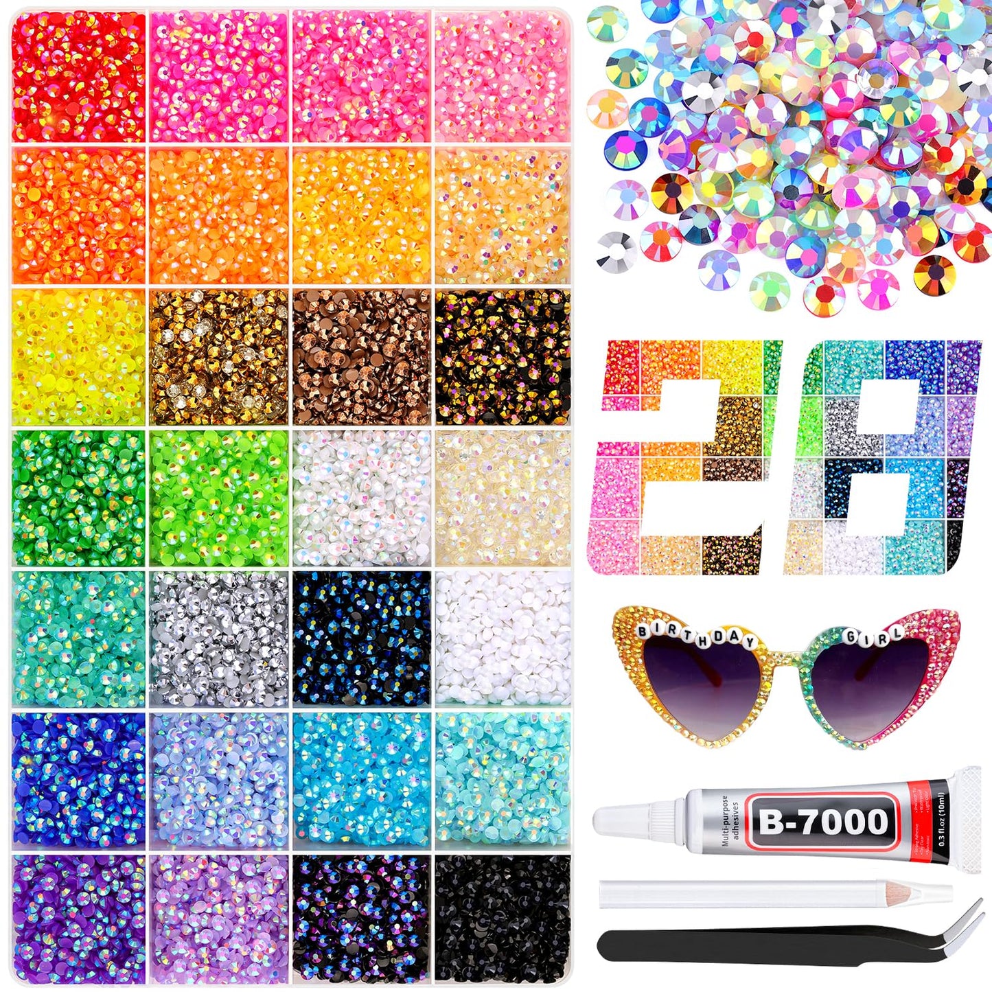 32000Pcs Resin Rhinestones with B7000 Jewelry Glue for Crafting, Multicolors 3mm Non Hotfix Flatback Gems, Bedazzling Crystal for DIY Crafts Clothing Tumblers Mugs Shoes Fabric Decor Nail Art