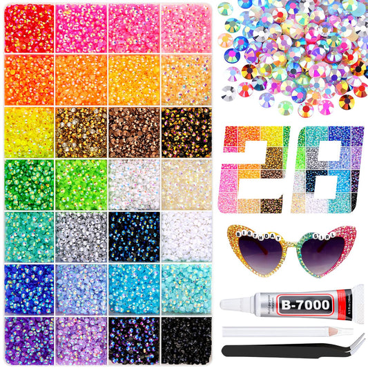 32000Pcs Resin Rhinestones with B7000 Jewelry Glue for Crafting, Multicolors 3mm Non Hotfix Flatback Gems, Bedazzling Crystal for DIY Crafts Clothing Tumblers Mugs Shoes Fabric Decor Nail Art