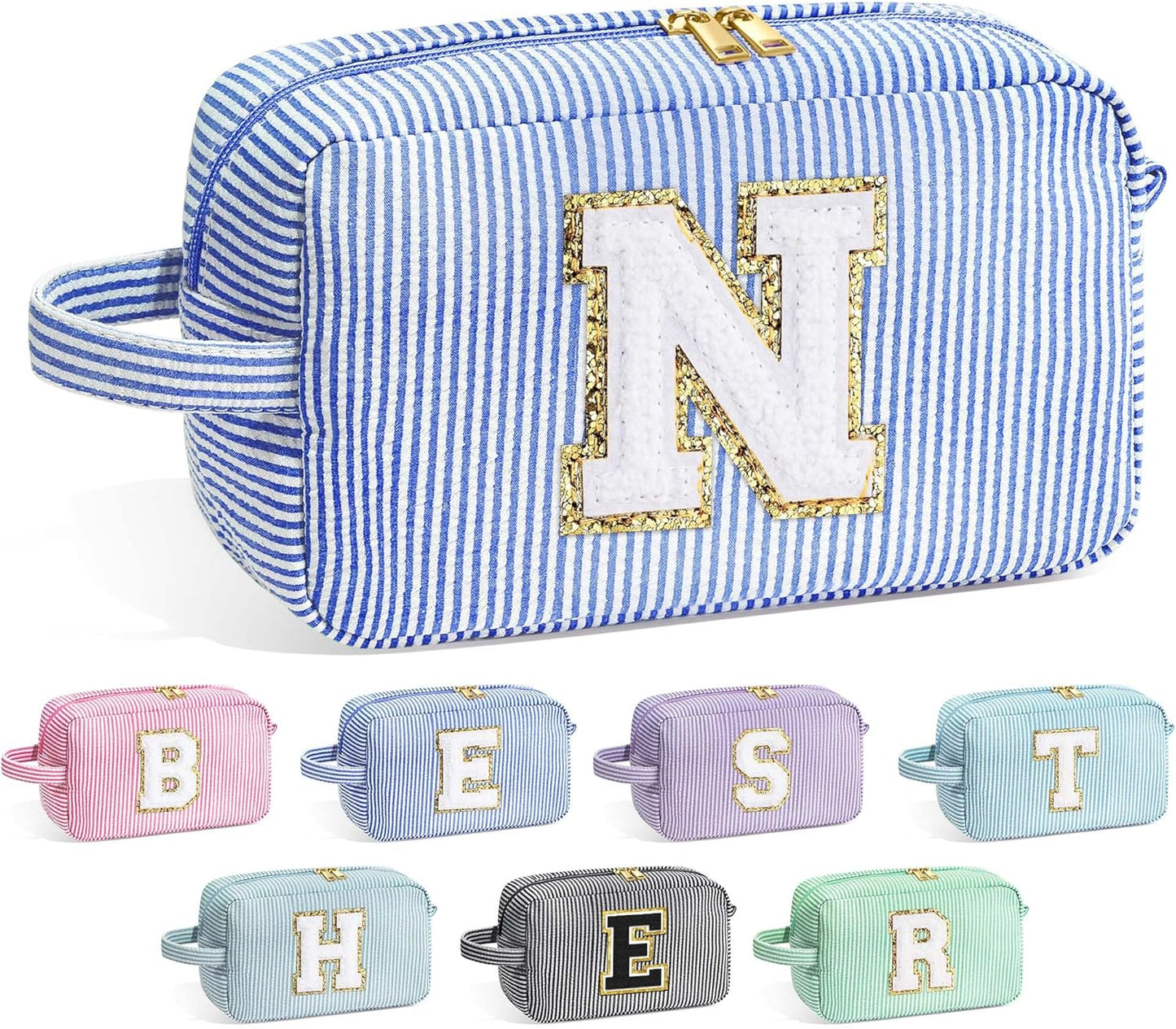 YOOLIFE Personalized Birthday Gift for Mom - Monogram Blue Initial Makeup Bag Cosmetic Bag for Women