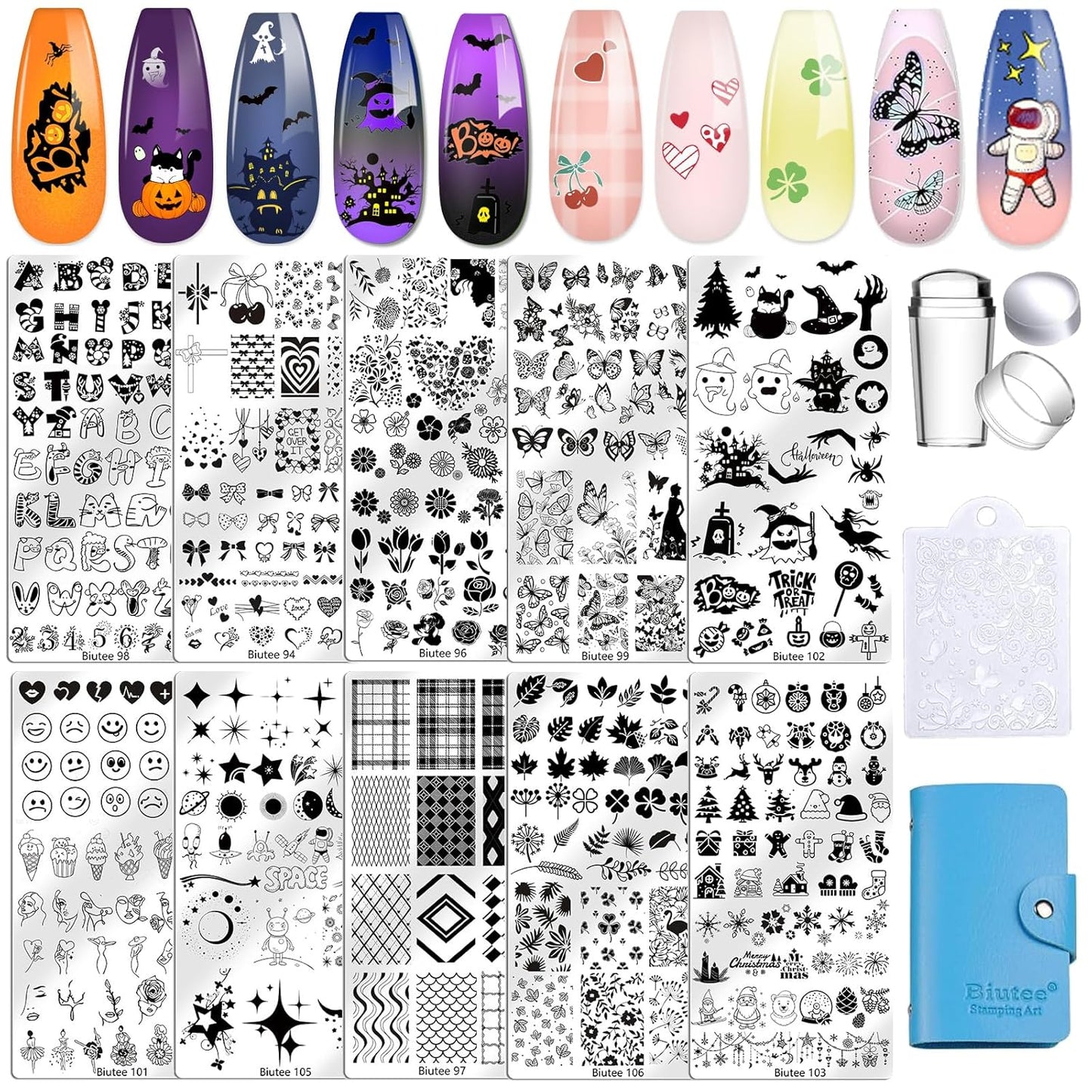 Biutee 10PCS Nail Art Stamping Plates Set Nail Stamper Kit with Nail Stamper Scraper and Storage Bag, Nail Stamp Plate Halloween Christmas Butterfly Starry Sky Flower Design Nail Stamping Kit
