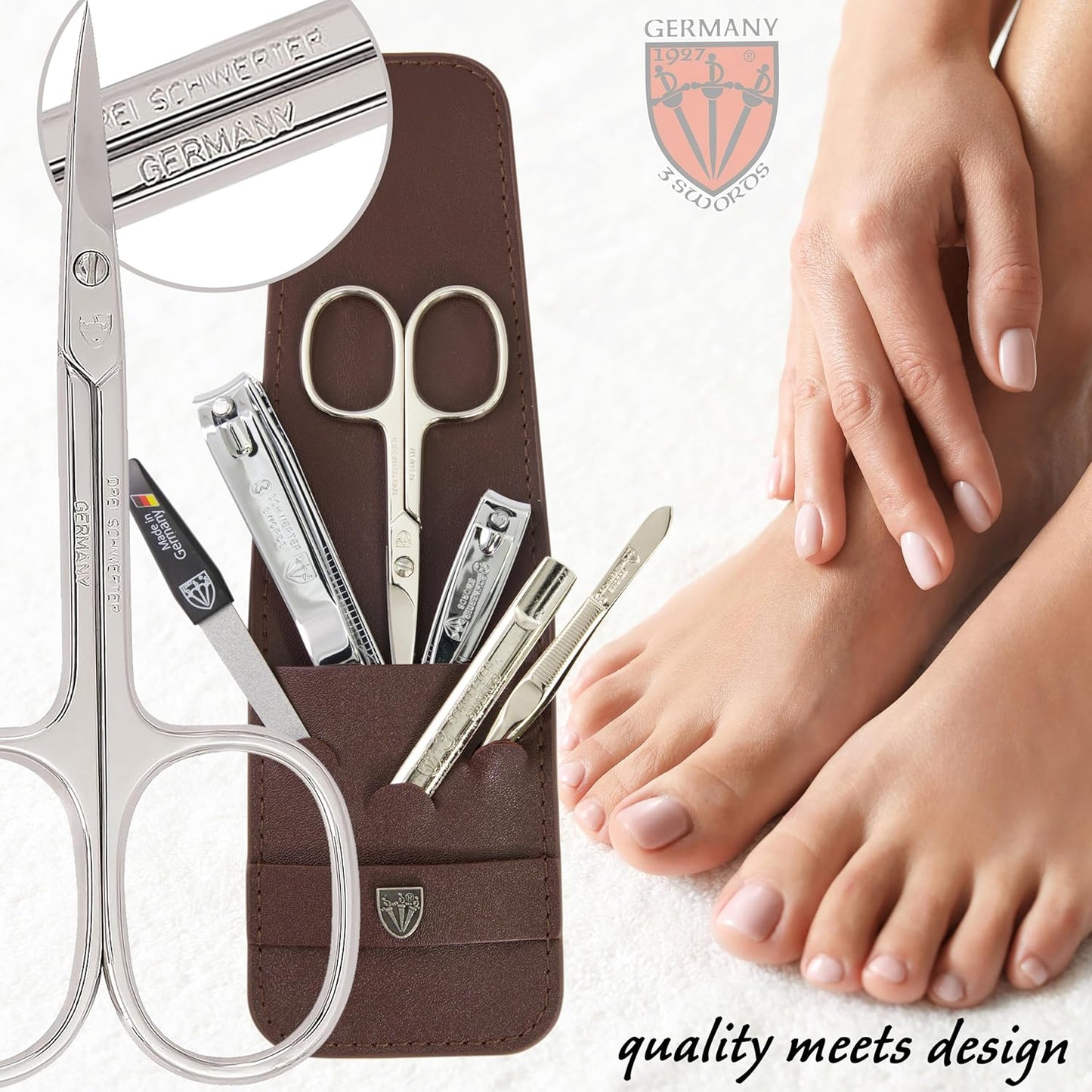3 Swords Germany - brand quality 6 piece manicure pedicure grooming kit set for professional nail care with camo synthetic leather case - Made in Germany