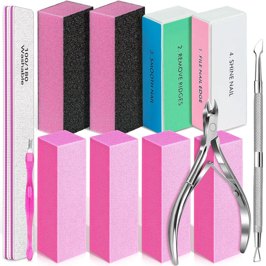 TsMADDTs Nail Files and Buffers, 13PCS Nail Kit with 3-Way Sanding Block, 4-Way Buffing Block, 100/180 Files, Cuticle Nippers & Cuticle Pusher
