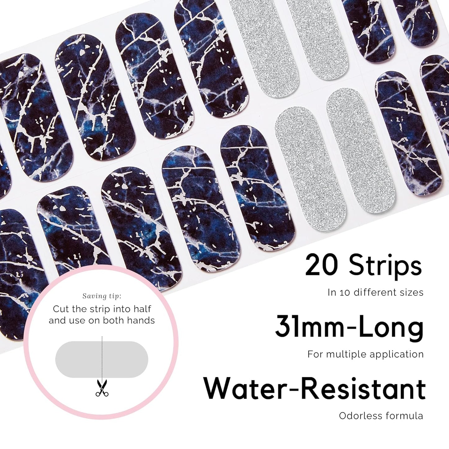 NAILOG Semi Cured Gel Nail Strips (20 Extra Long Polish Stickers/Wraps) │ Glossy & Long Lasting Soft Gel Finishing (Stormy Night)