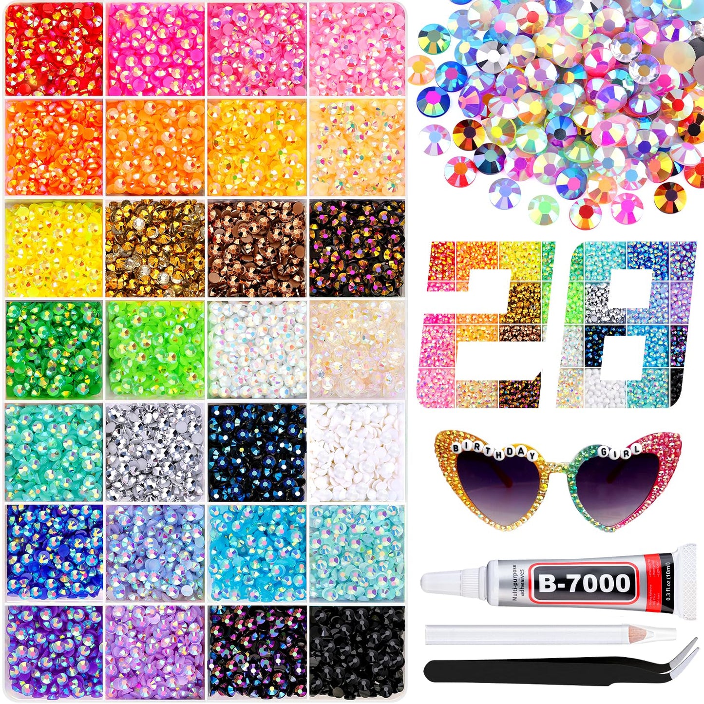 13000Pcs Resin Rhinestones with 3Pcs B7000 Jewelry Glue for Crafting, Multicolors 4mm Non Hotfix Flatback Gems, Bedazzling Crystal for DIY Crafts Clothing Tumblers Mugs Shoes Fabric Decor Nail Art